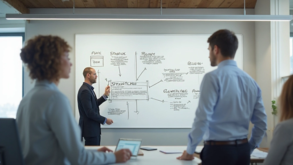 Leider noteert strategische ideeën op whiteboard terwijl team luistert en aandacht besteedt